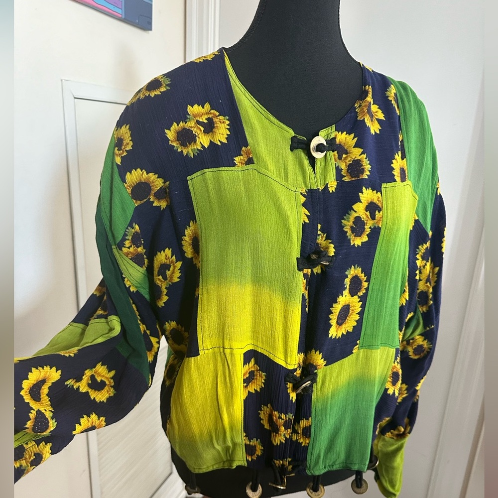 Vintage dead stock shirt/jacket chartreuse with daisies and brass fringe!